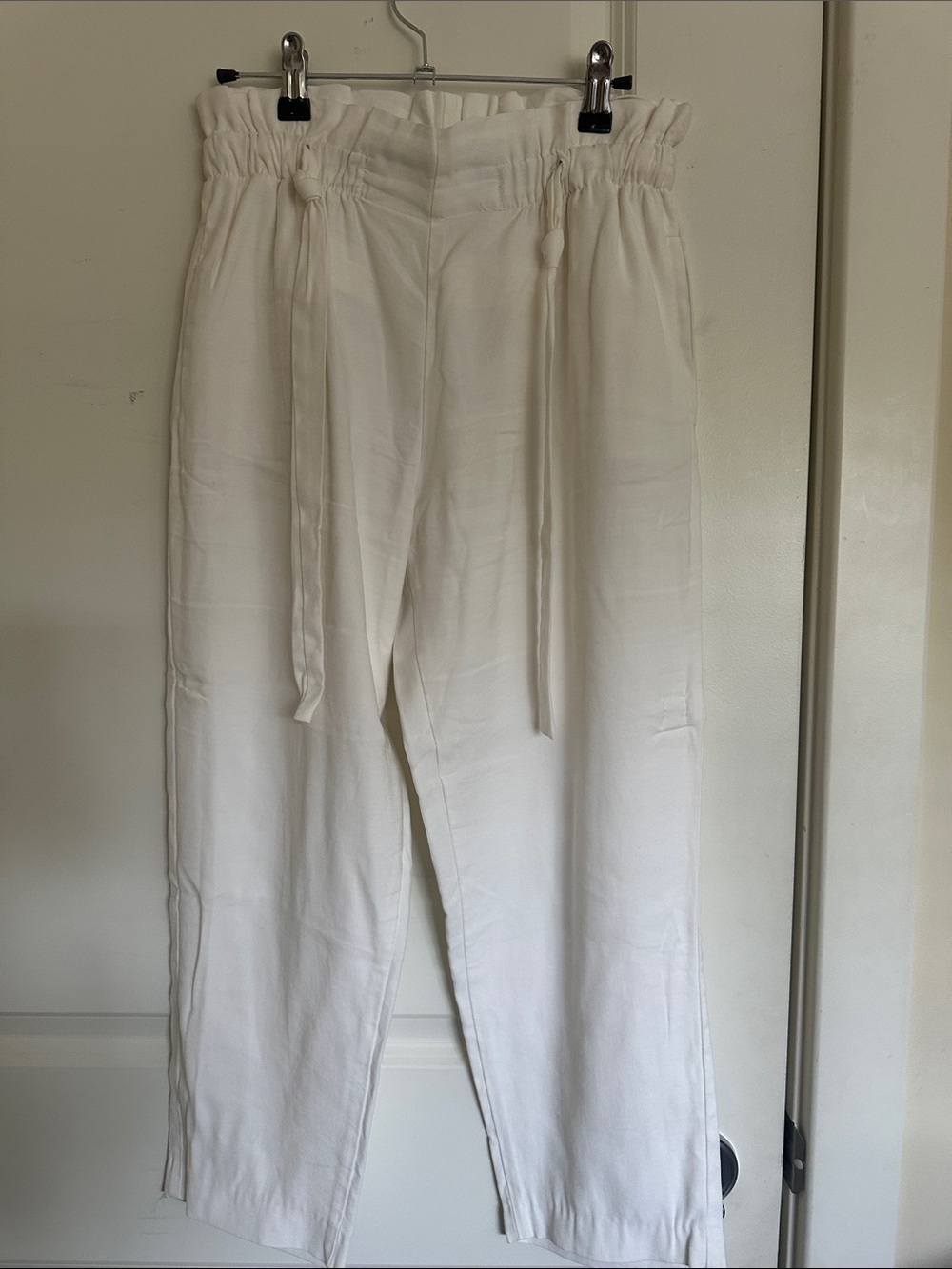 Zara White Paperbag Waist Linen-Blend Pants